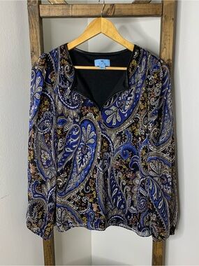 CeCe Blue Paisley V-Neck Women's Top Size M